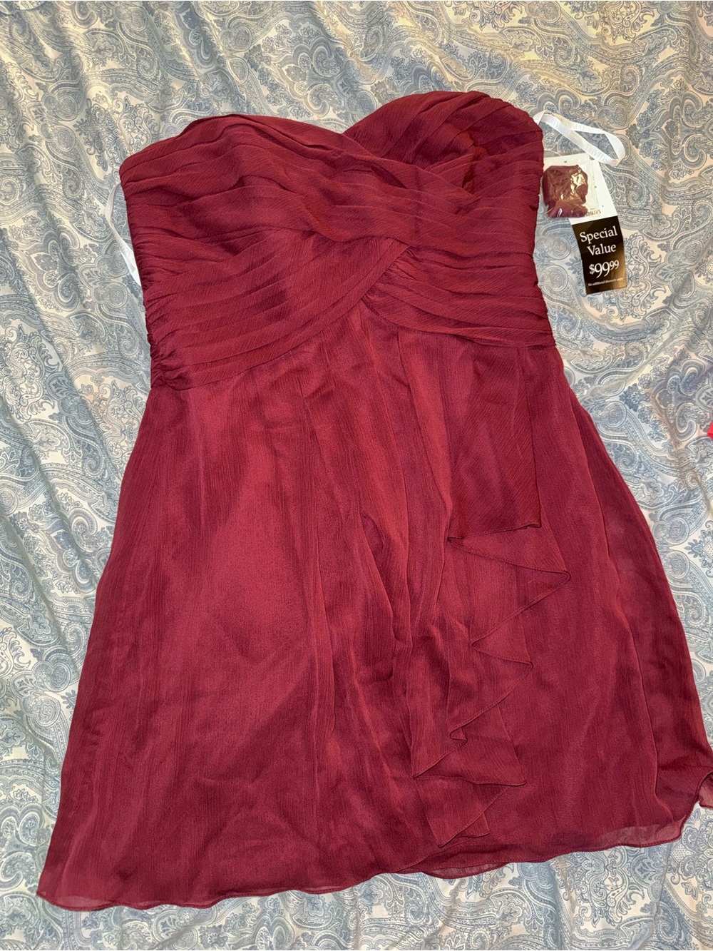 NWT David’s bridal bridesmaid Strapless Burgundy Chiffon  Dress